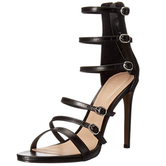 Aldo Black Strappy Heels Size 7.5 Leather Sexy BlackThe Aime - Picture 1 of 9